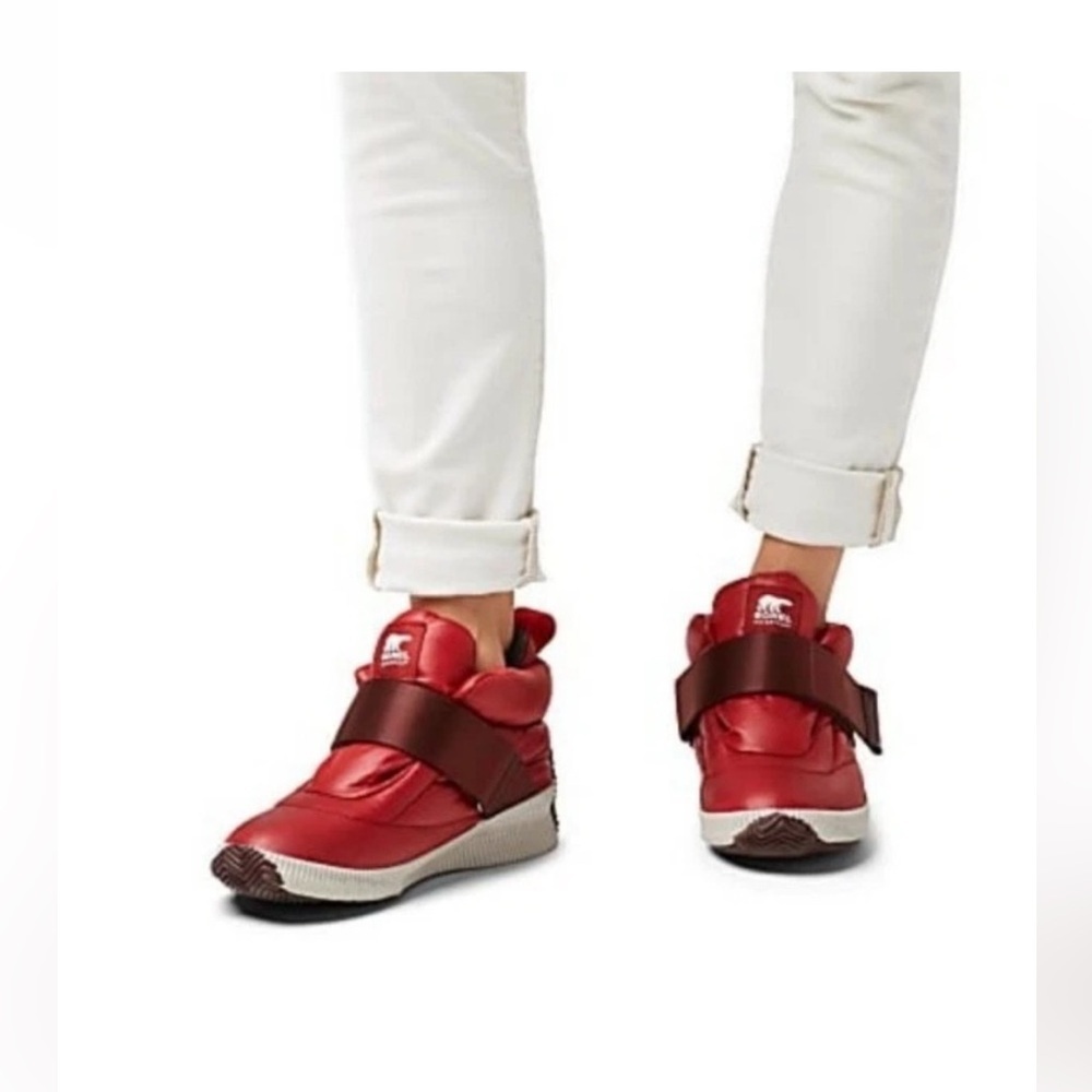 Sorel Womens Size 6.5 Out N About Red Puffy Strap Snow Boots Sneakers Dahlia Red - Picture 2 of 12